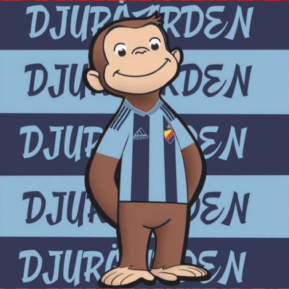 Blått och gult Djurgården-klistermärke med texten 'Stockholm är blått'. Väderbeständigt och hållbart."